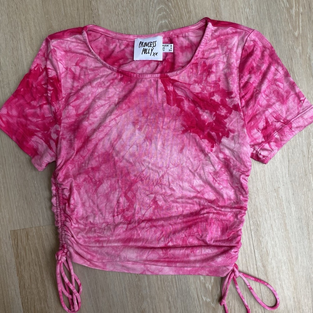 Princess Polly Pink Ruched Side Tie Dye Crop Top 100% Cotton Y2K Tee SZ 2 Small